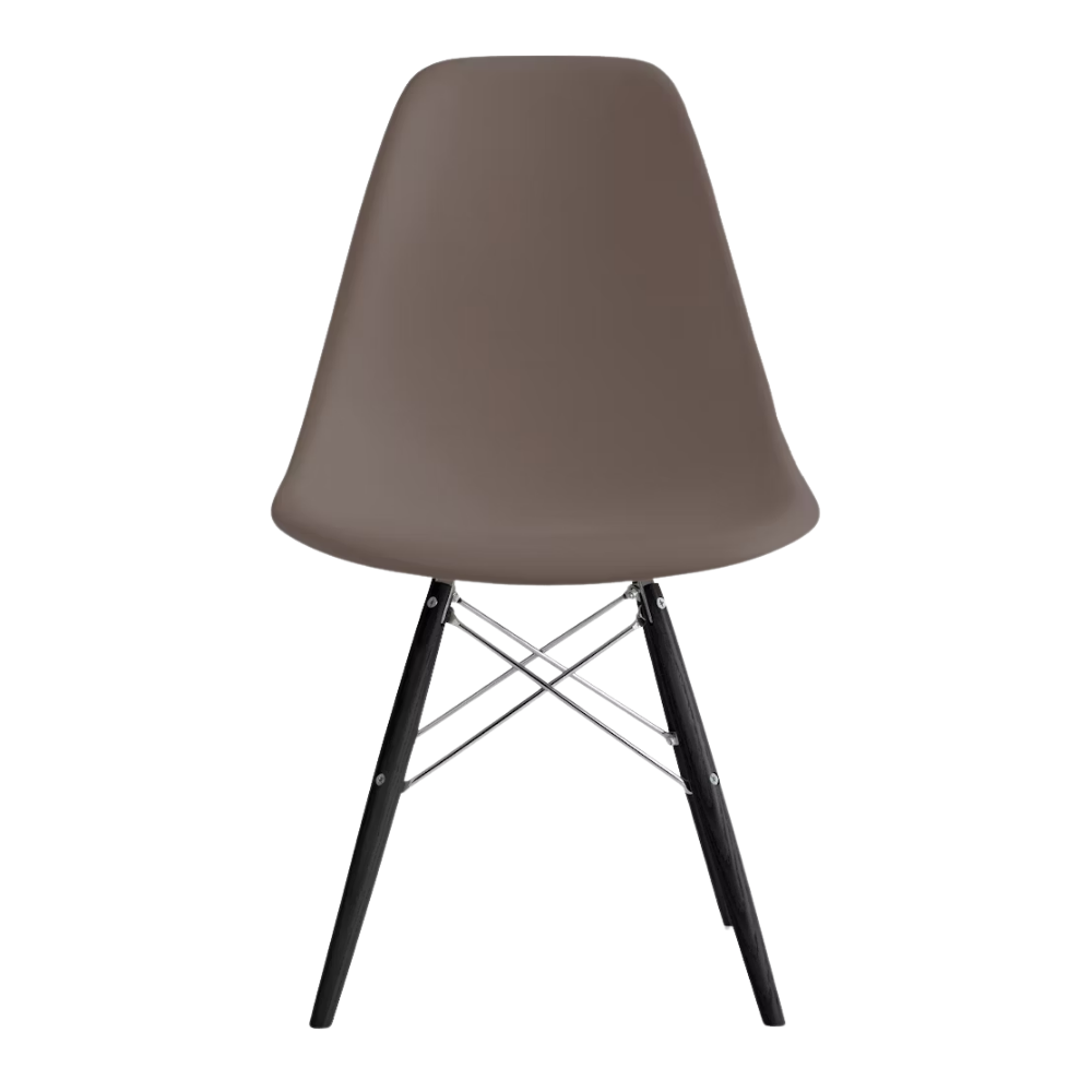 The cocoa shell Eames Molded Plastic Side Chair Dowel-Leg Base from Herman Miller with the trivalent chrome base and ebony legs.