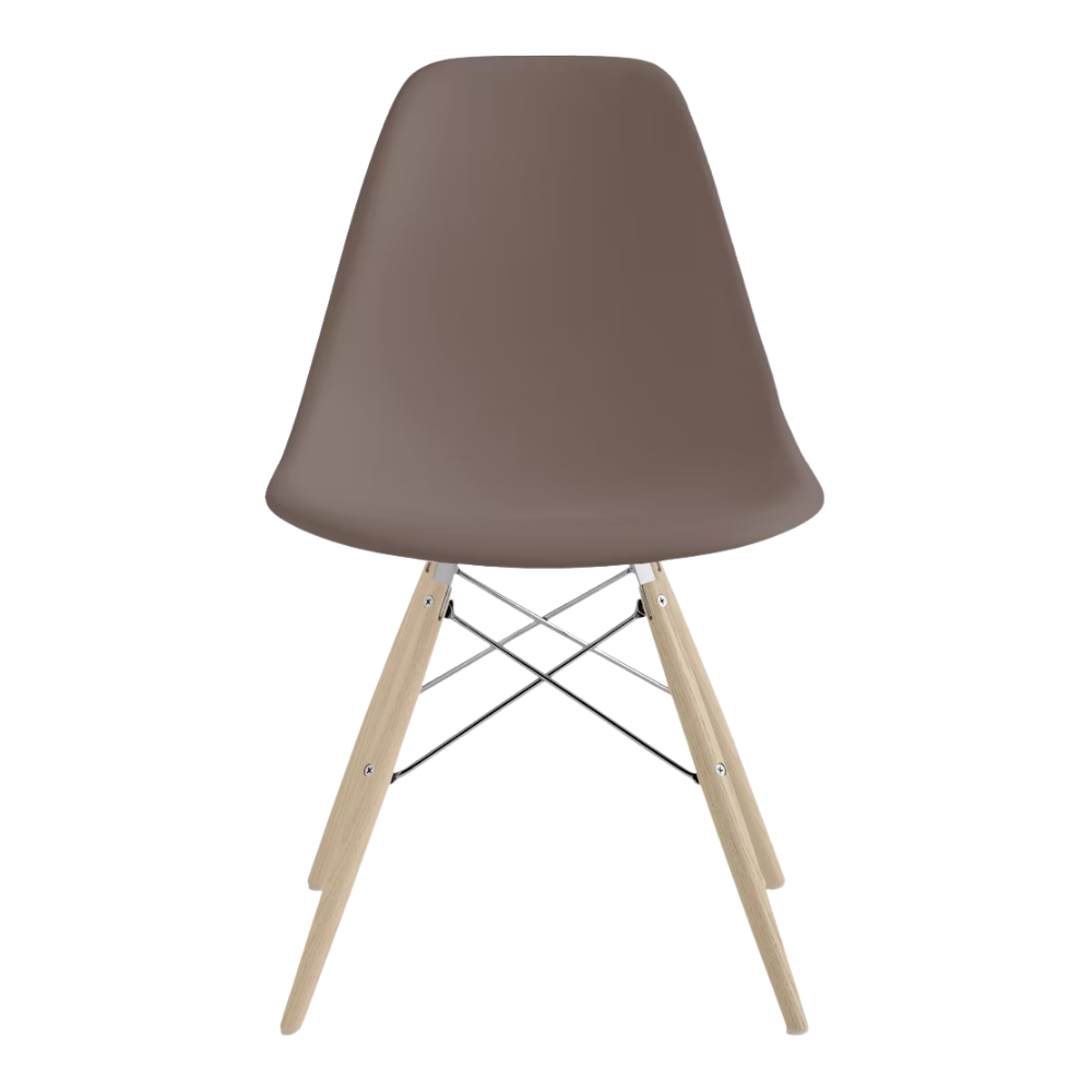The cocoa shell Eames Molded Plastic Side Chair Dowel-Leg Base from Herman Miller with the trivalent chrome base and white oak legs.