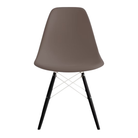 The cocoa shell Eames Molded Plastic Side Chair Dowel-Leg Base from Herman Miller with the white base and ebony legs.