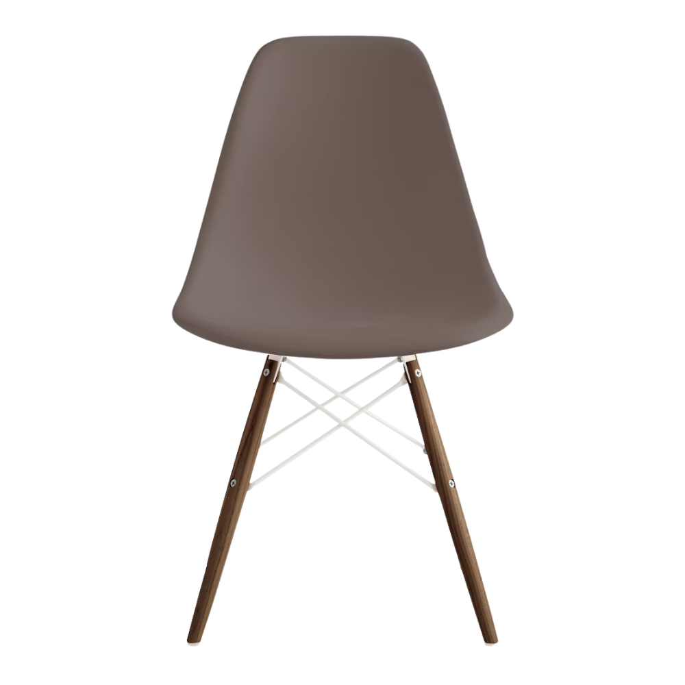 The cocoa shell Eames Molded Plastic Side Chair Dowel-Leg Base from Herman Miller with the white base and walnut legs.