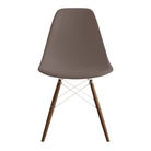 The cocoa shell Eames Molded Plastic Side Chair Dowel-Leg Base from Herman Miller with the white base and walnut legs.