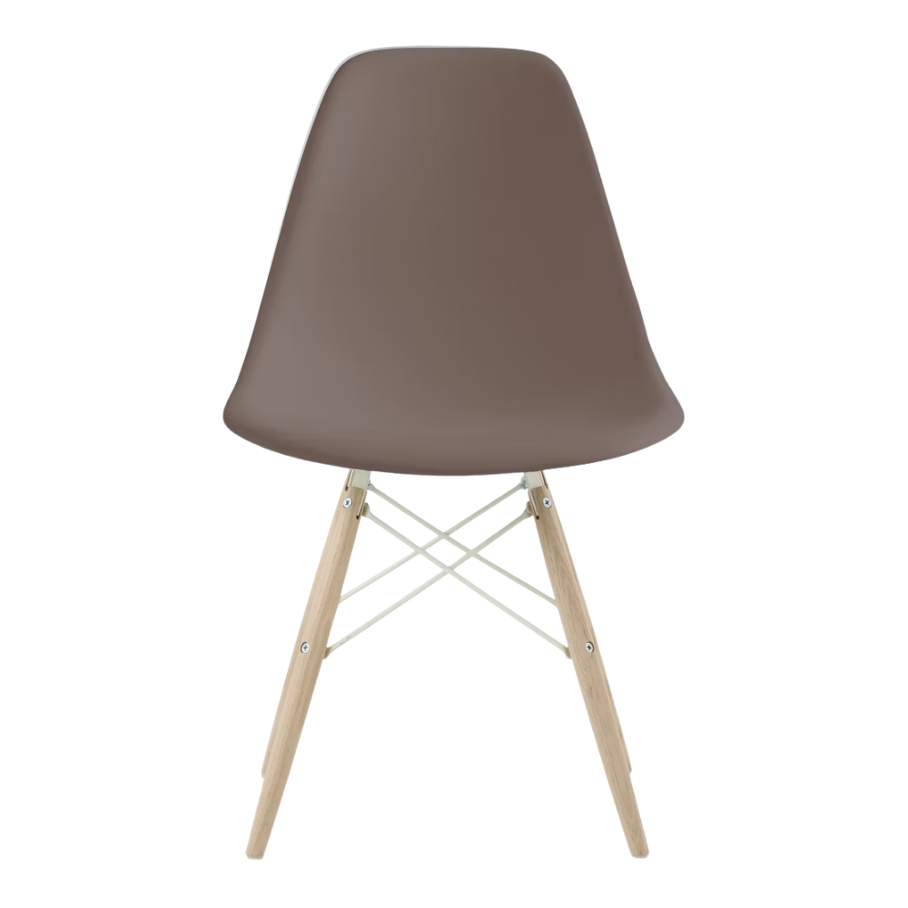 The cocoa shell Eames Molded Plastic Side Chair Dowel-Leg Base from Herman Miller with the white base and white oak legs.
