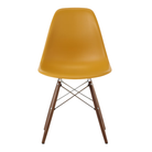 The deep yellow shell Eames Molded Plastic Side Chair Dowel-Leg Base from Herman Miller with the trivalent chrome base and walnut legs.