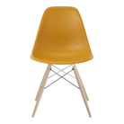 The deep yellow shell Eames Molded Plastic Side Chair Dowel-Leg Base from Herman Miller with the trivalent chrome base and white oak legs.