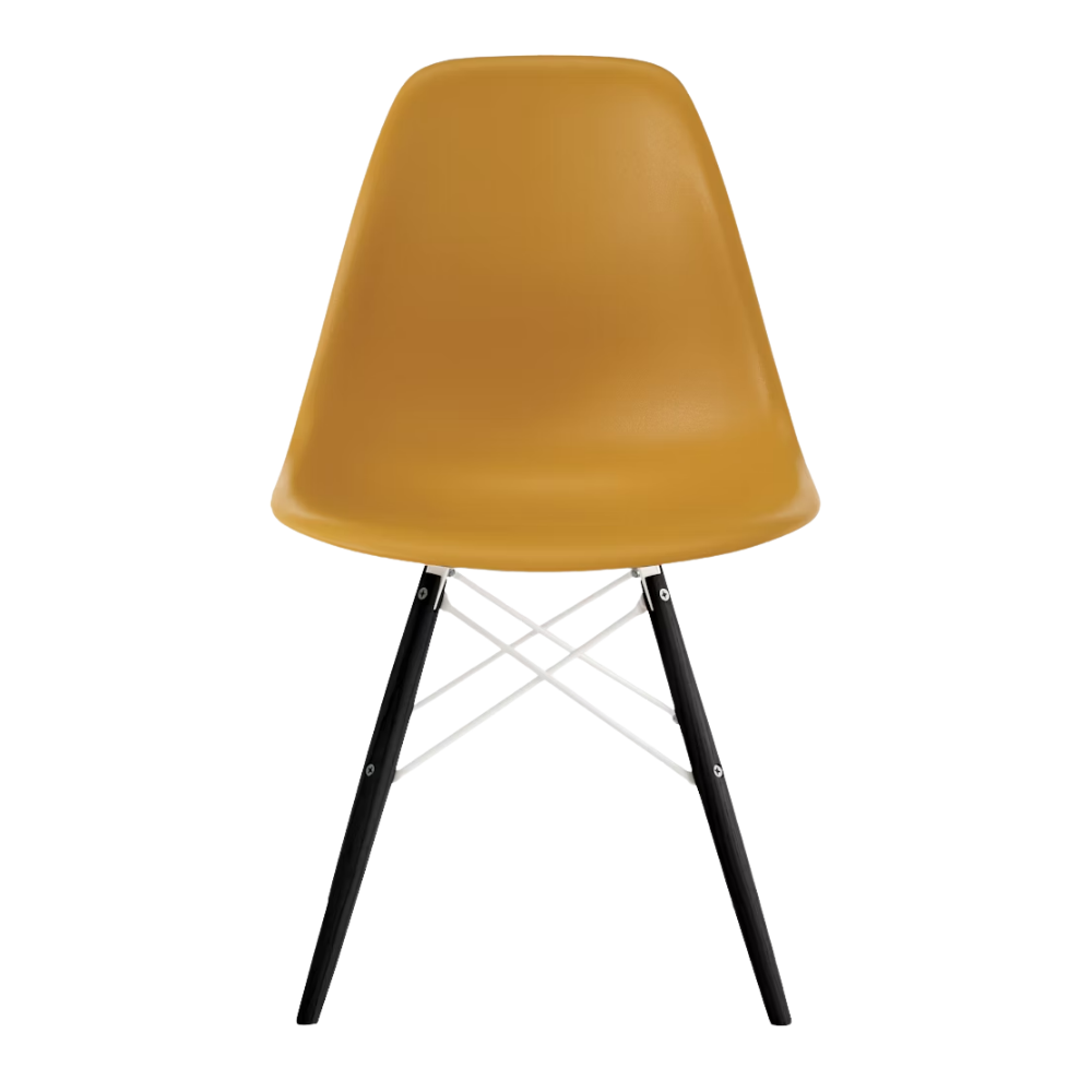 The deep yellow shell Eames Molded Plastic Side Chair Dowel-Leg Base from Herman Miller with the white base and ebony legs.