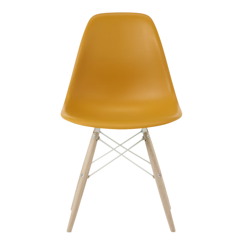 The deep yellow shell Eames Molded Plastic Side Chair Dowel-Leg Base from Herman Miller with the white base and white oak legs.