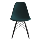 The evergreen shell Eames Molded Plastic Side Chair Dowel-Leg Base from Herman Miller with the black base and ebony legs.