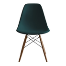 The evergreen shell Eames Molded Plastic Side Chair Dowel-Leg Base from Herman Miller with the black base and walnut legs.