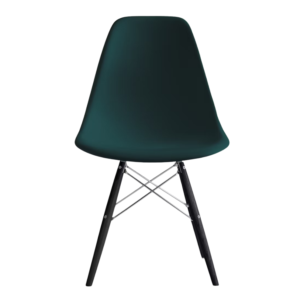 The evergreen shell Eames Molded Plastic Side Chair Dowel-Leg Base from Herman Miller with the trivalent chrome base and ebony legs.