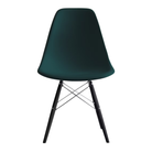 The evergreen shell Eames Molded Plastic Side Chair Dowel-Leg Base from Herman Miller with the trivalent chrome base and ebony legs.