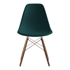The evergreen shell Eames Molded Plastic Side Chair Dowel-Leg Base from Herman Miller with the trivalent chrome base and walnut legs.
