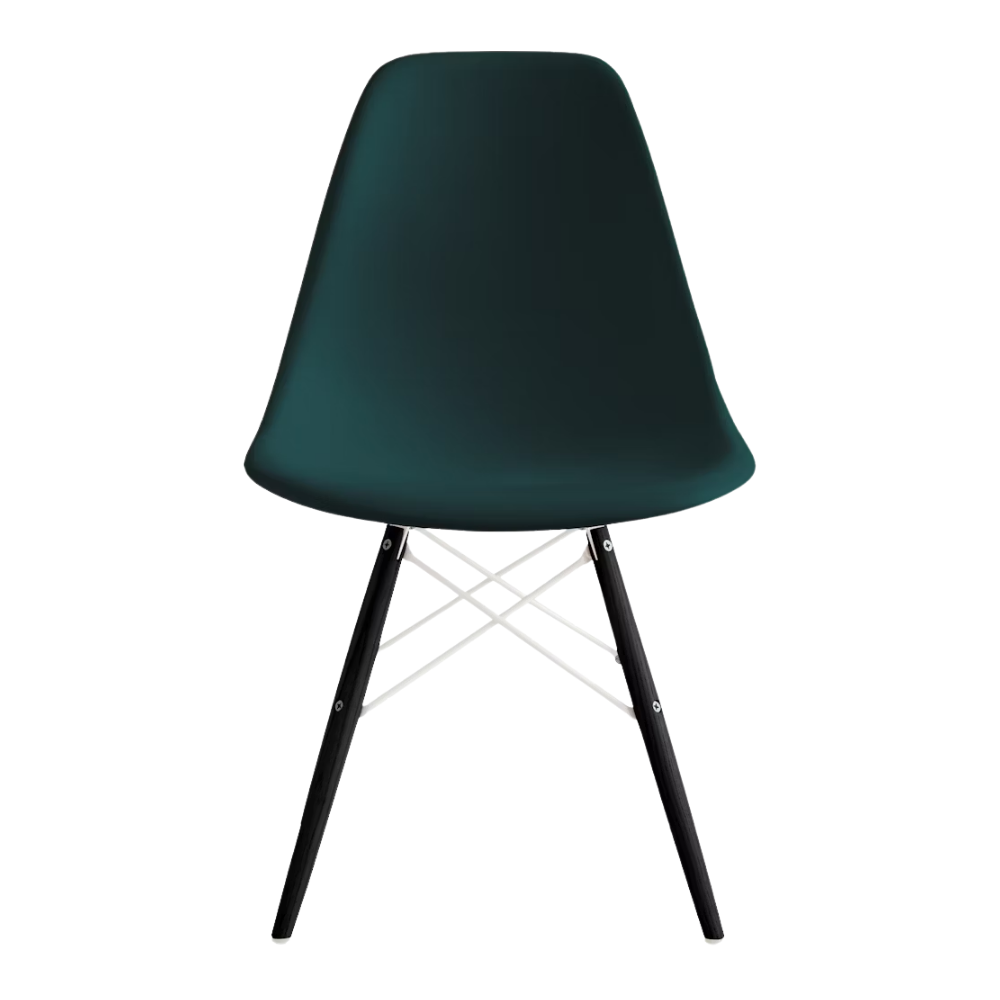 The evergreen shell Eames Molded Plastic Side Chair Dowel-Leg Base from Herman Miller with the white base and ebony legs.