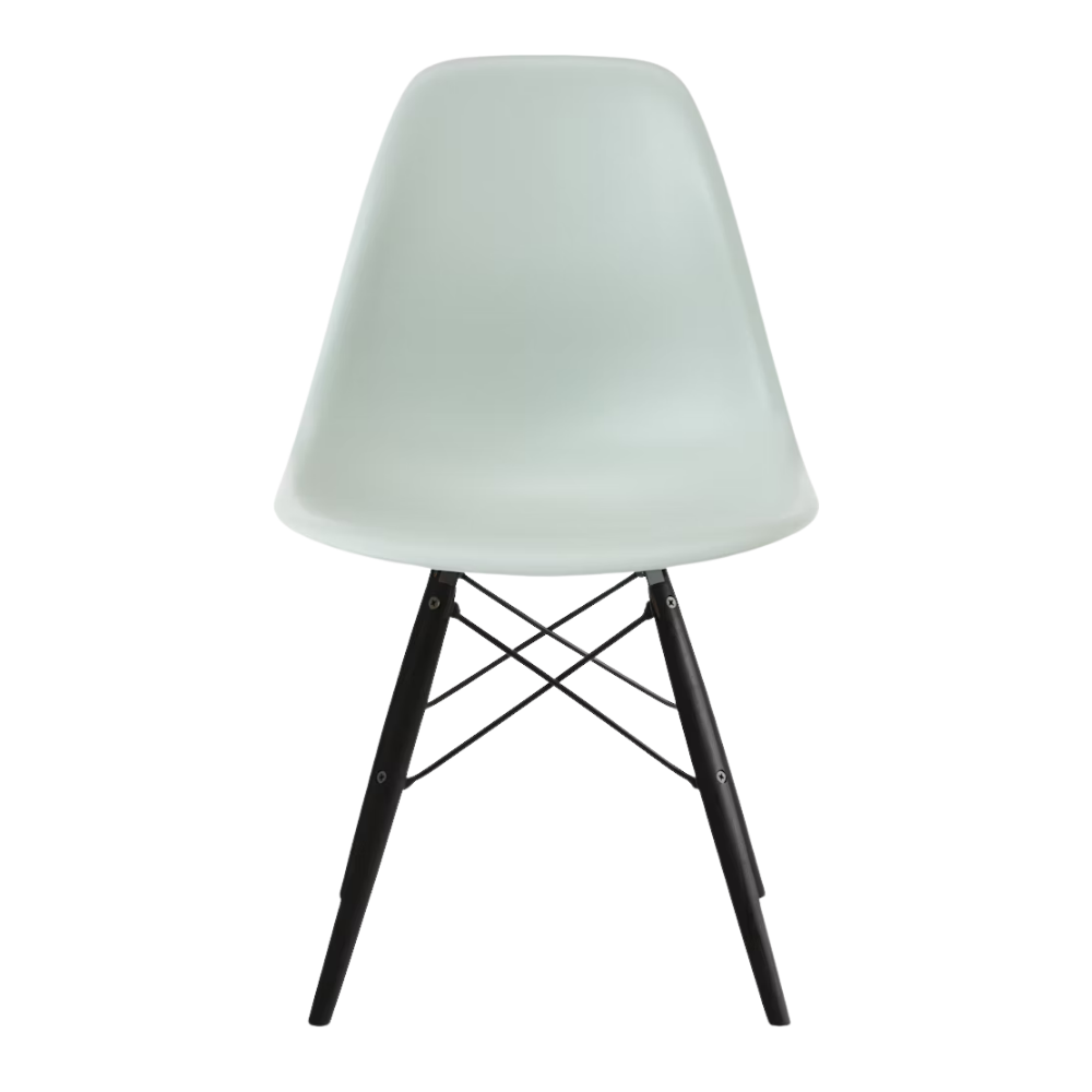 The gray green shell Eames Molded Plastic Side Chair Dowel-Leg Base from Herman Miller with the black base and ebony legs.