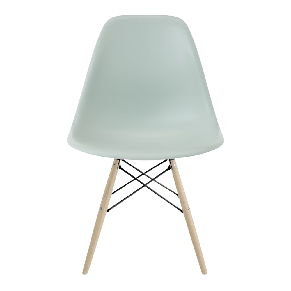 The gray green shell Eames Molded Plastic Side Chair Dowel-Leg Base from Herman Miller with the black base and white oak legs.