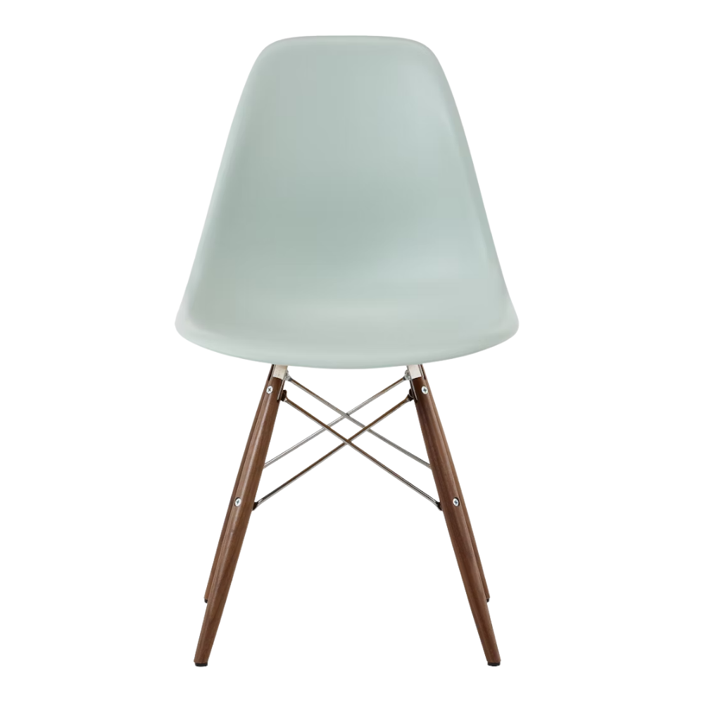 The gray green shell Eames Molded Plastic Side Chair Dowel-Leg Base from Herman Miller with the trivalent chrome base and walnut legs.