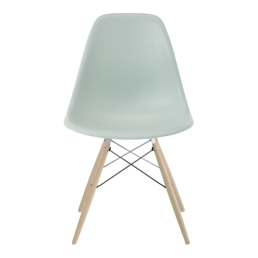 The gray green shell Eames Molded Plastic Side Chair Dowel-Leg Base from Herman Miller with the trivalent chrome base and white oak legs.