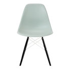The gray green shell Eames Molded Plastic Side Chair Dowel-Leg Base from Herman Miller with the white base and ebony legs.