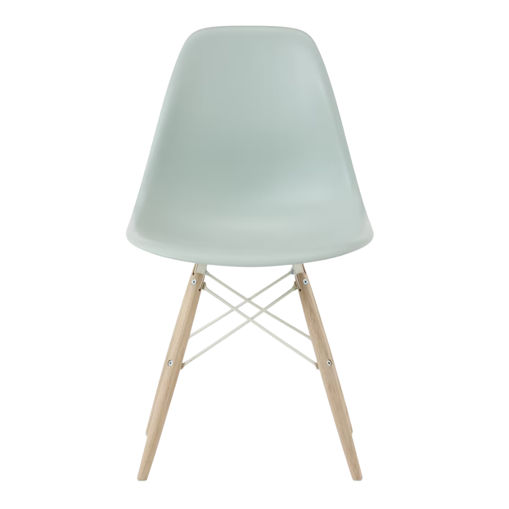 The gray green shell Eames Molded Plastic Side Chair Dowel-Leg Base from Herman Miller with the white base and white oak legs.
