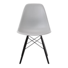 The light gray shell Eames Molded Plastic Side Chair Dowel-Leg Base from Herman Miller with the black base and ebony legs.