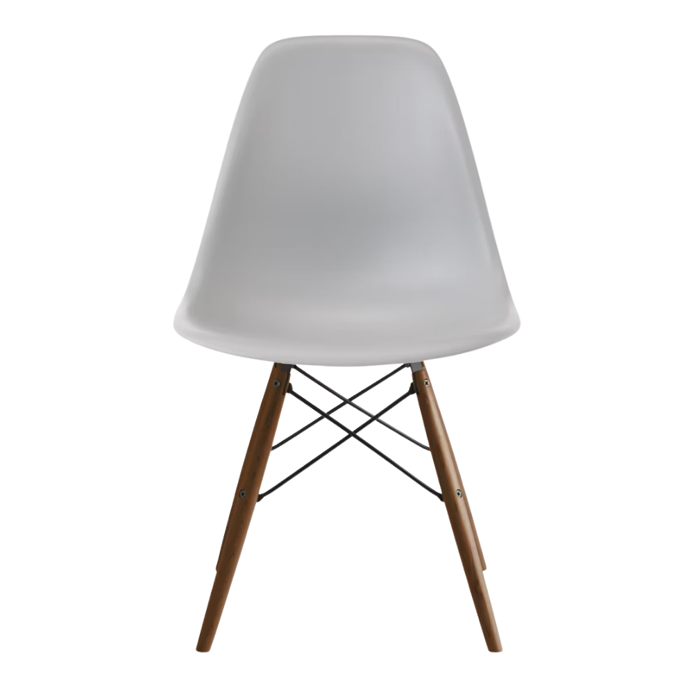 The light gray shell Eames Molded Plastic Side Chair Dowel-Leg Base from Herman Miller with the black base and walnut legs.