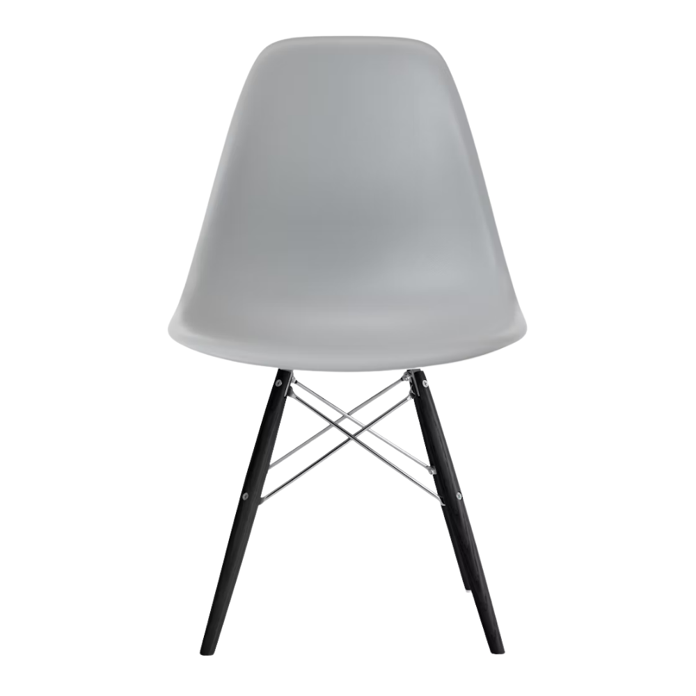 The light gray shell Eames Molded Plastic Side Chair Dowel-Leg Base from Herman Miller with the trivalent chrome base and ebony legs.