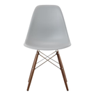 The light gray shell Eames Molded Plastic Side Chair Dowel-Leg Base from Herman Miller with the trivalent chrome base and walnut legs.
