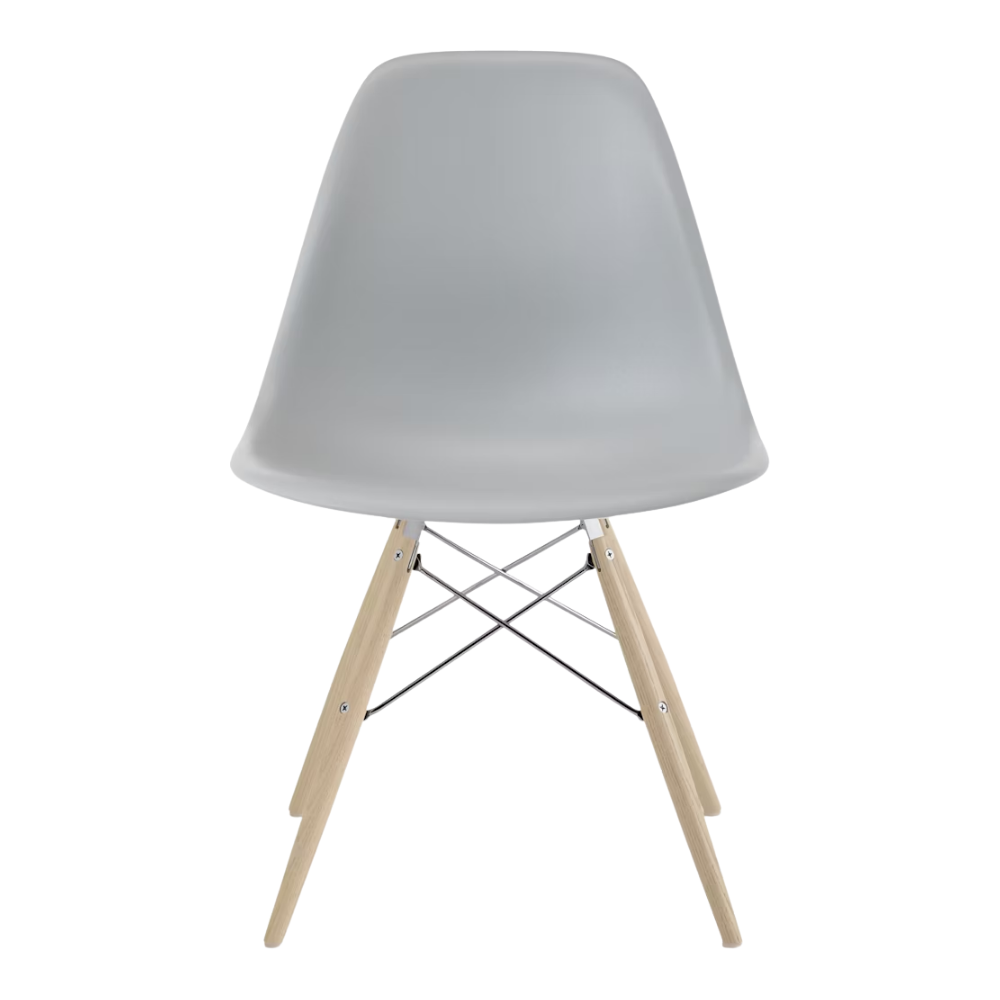 The light gray shell Eames Molded Plastic Side Chair Dowel-Leg Base from Herman Miller with the trivalent chrome base and white oak legs.