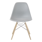 The light gray shell Eames Molded Plastic Side Chair Dowel-Leg Base from Herman Miller with the trivalent chrome base and white oak legs.