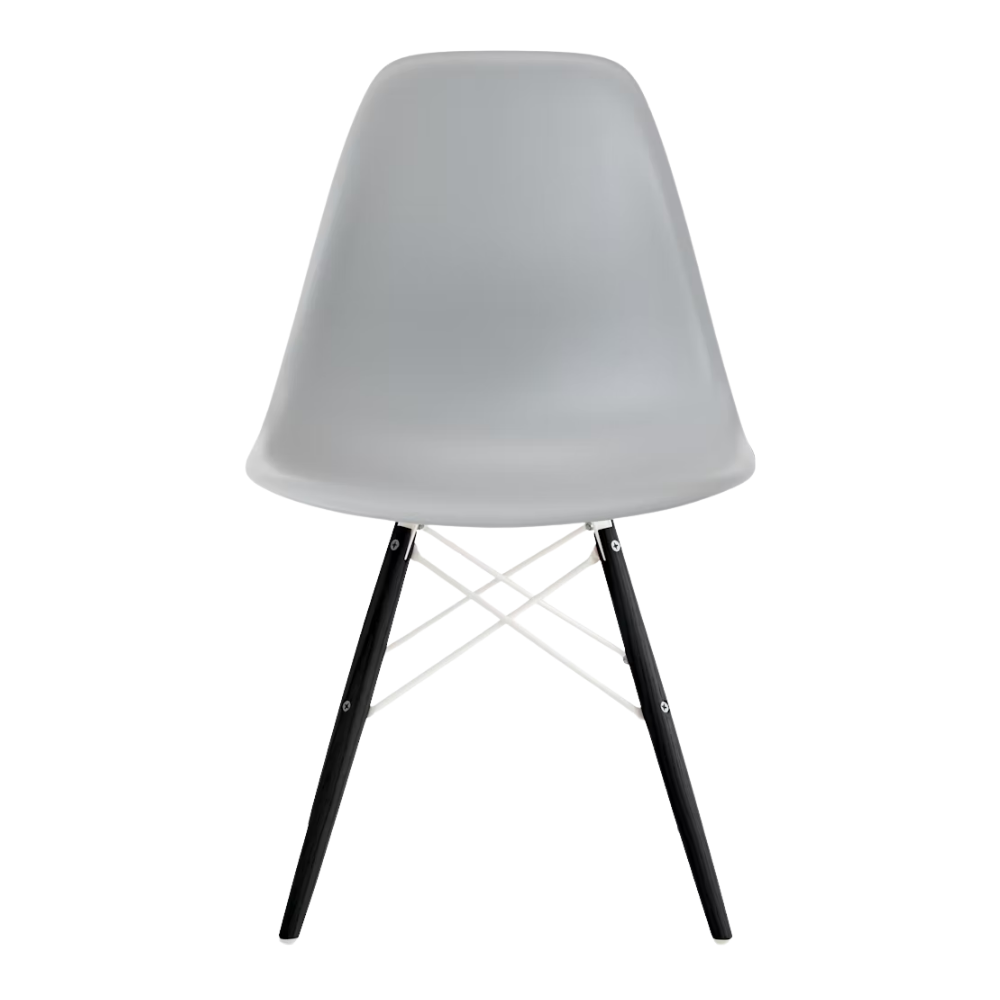 The light gray shell Eames Molded Plastic Side Chair Dowel-Leg Base from Herman Miller with the white base and ebony legs.