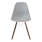 The light gray shell Eames Molded Plastic Side Chair Dowel-Leg Base from Herman Miller with the white base and walnut legs.