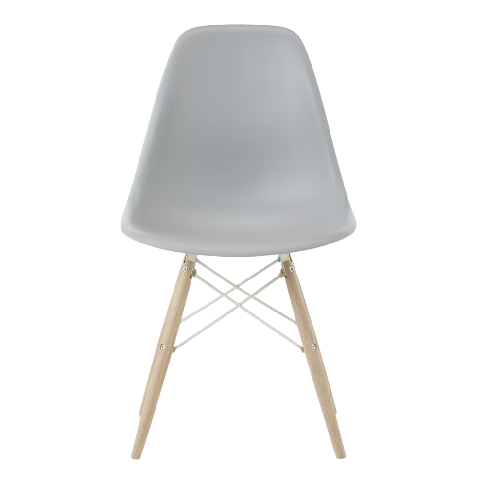 The light gray shell Eames Molded Plastic Side Chair Dowel-Leg Base from Herman Miller with the white base and white oak legs.