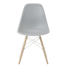 The light gray shell Eames Molded Plastic Side Chair Dowel-Leg Base from Herman Miller with the white base and white oak legs.
