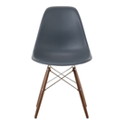 The medium gray shell Eames Molded Plastic Side Chair Dowel-Leg Base from Herman Miller with the trivalent chrome base and walnut legs.