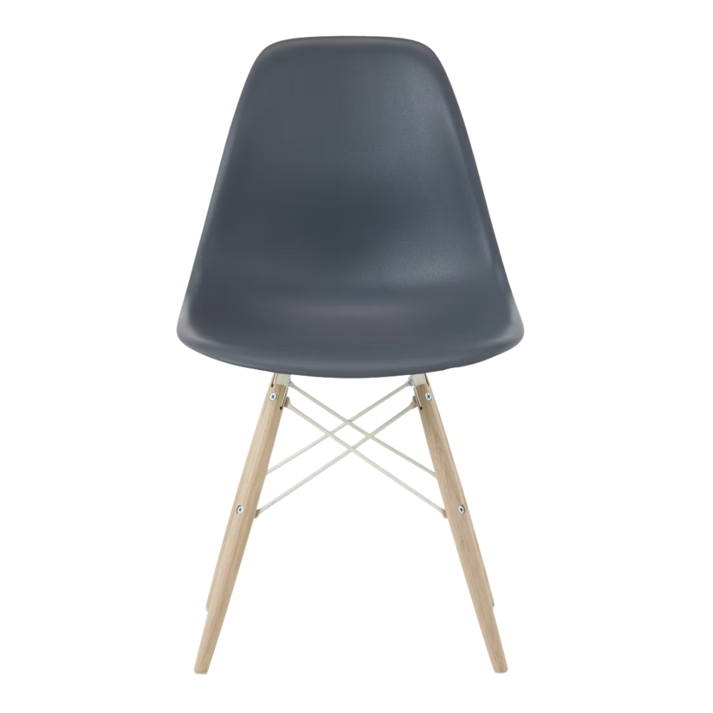 The medium gray shell Eames Molded Plastic Side Chair Dowel-Leg Base from Herman Miller with the white base and white oak legs.