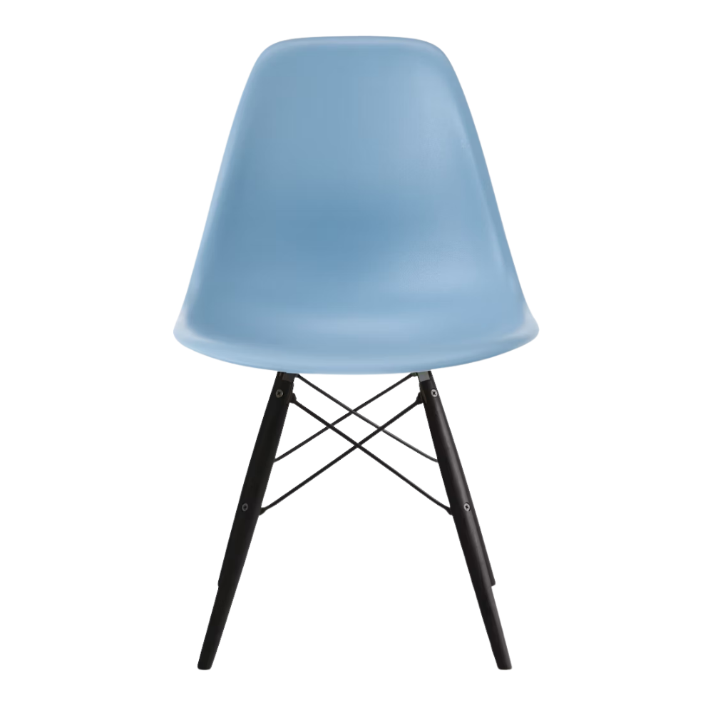 The pale blue shell Eames Molded Plastic Side Chair Dowel-Leg Base from Herman Miller with the black base and ebony legs.