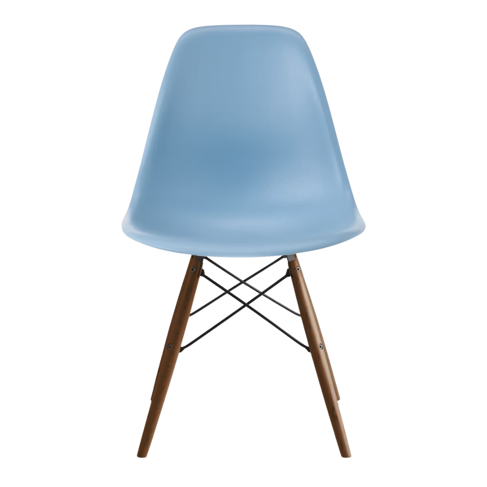 The pale blue shell Eames Molded Plastic Side Chair Dowel-Leg Base from Herman Miller with the black base and walnut legs.