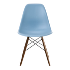 The pale blue shell Eames Molded Plastic Side Chair Dowel-Leg Base from Herman Miller with the black base and walnut legs.