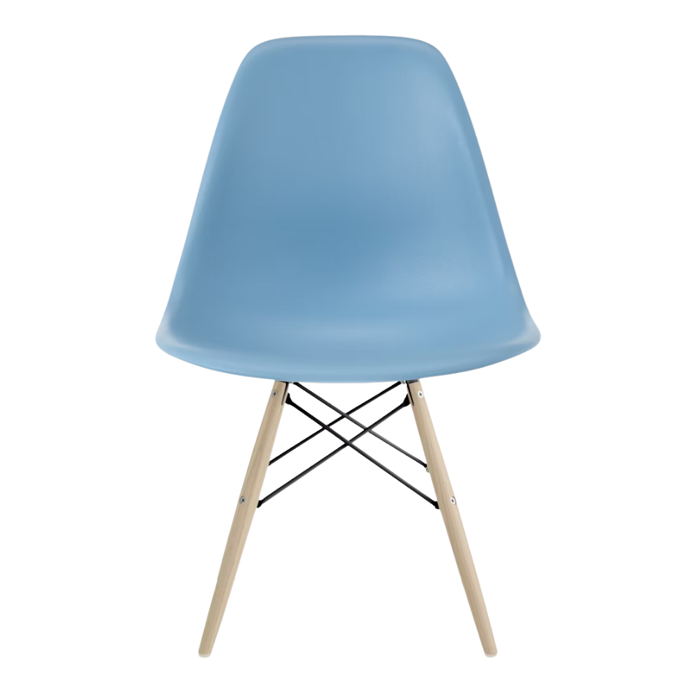 The pale blue shell Eames Molded Plastic Side Chair Dowel-Leg Base from Herman Miller with the black base and white oak legs.