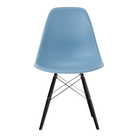 The pale blue shell Eames Molded Plastic Side Chair Dowel-Leg Base from Herman Miller with the trivalent chrome base and ebony legs.