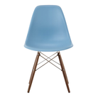 The pale blue shell Eames Molded Plastic Side Chair Dowel-Leg Base from Herman Miller with the trivalent chrome base and walnut legs.