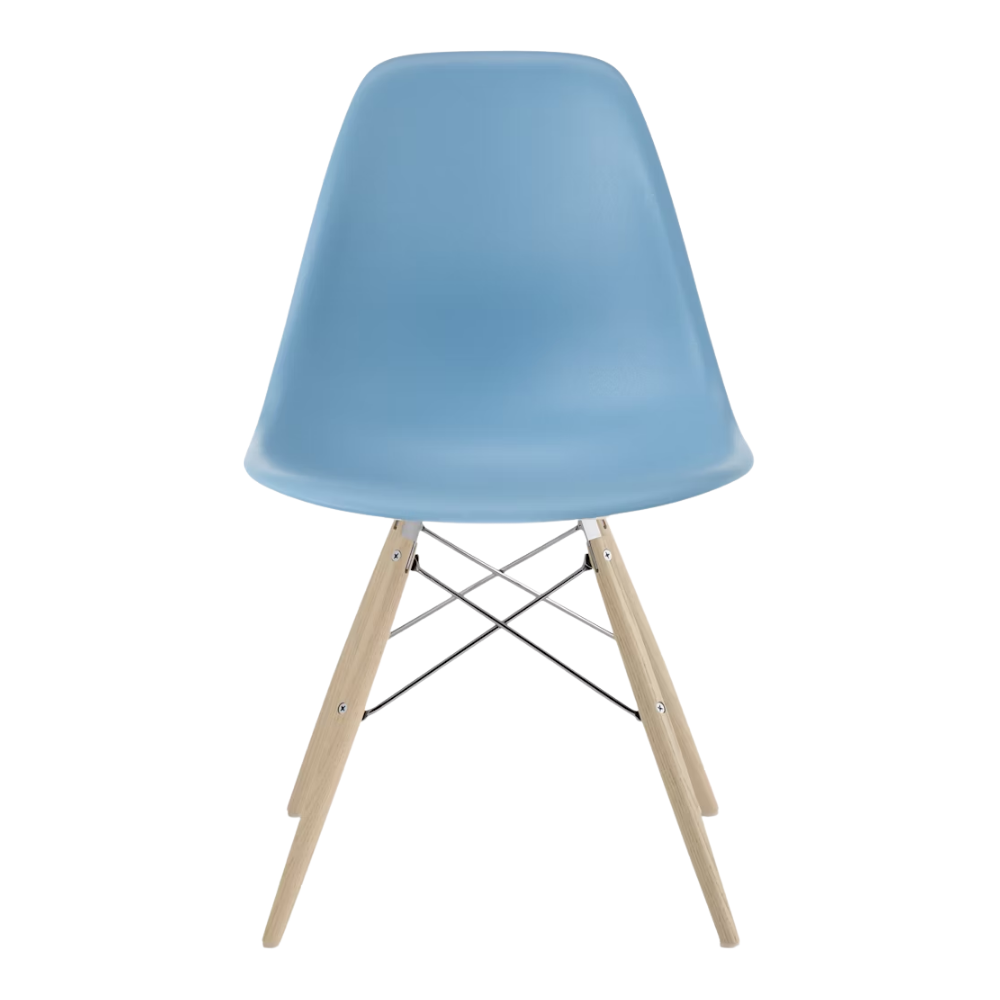 The pale blue shell Eames Molded Plastic Side Chair Dowel-Leg Base from Herman Miller with the trivalent chrome base and white oak legs.