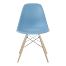 The pale blue shell Eames Molded Plastic Side Chair Dowel-Leg Base from Herman Miller with the trivalent chrome base and white oak legs.