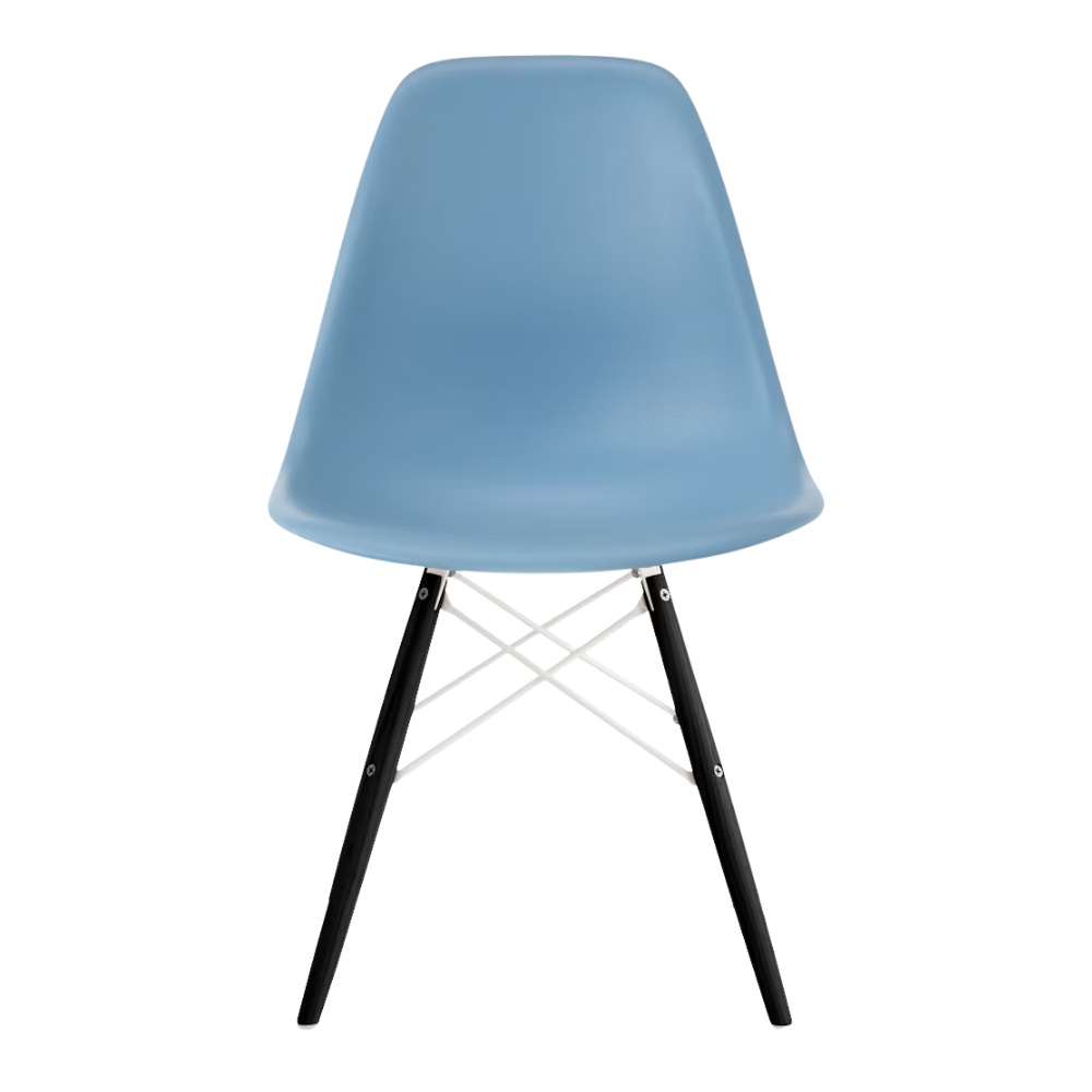 The pale blue shell Eames Molded Plastic Side Chair Dowel-Leg Base from Herman Miller with the white base and ebony legs.