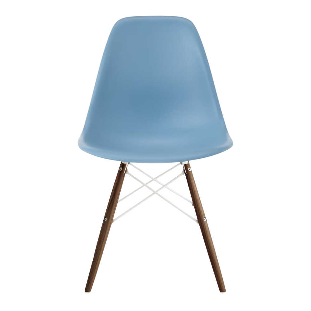 The pale blue shell Eames Molded Plastic Side Chair Dowel-Leg Base from Herman Miller with the white base and walnut legs.