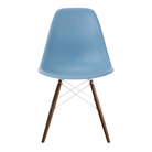The pale blue shell Eames Molded Plastic Side Chair Dowel-Leg Base from Herman Miller with the white base and walnut legs.