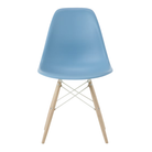 The pale blue shell Eames Molded Plastic Side Chair Dowel-Leg Base from Herman Miller with the white base and white oak legs.