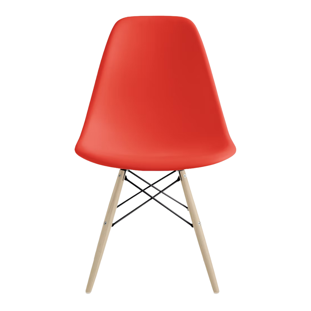 The red orange shell Eames Molded Plastic Side Chair Dowel-Leg Base from Herman Miller with the black base and white oak legs.