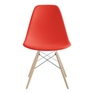 The red orange shell Eames Molded Plastic Side Chair Dowel-Leg Base from Herman Miller with the trivalent chrome base and white oak legs.