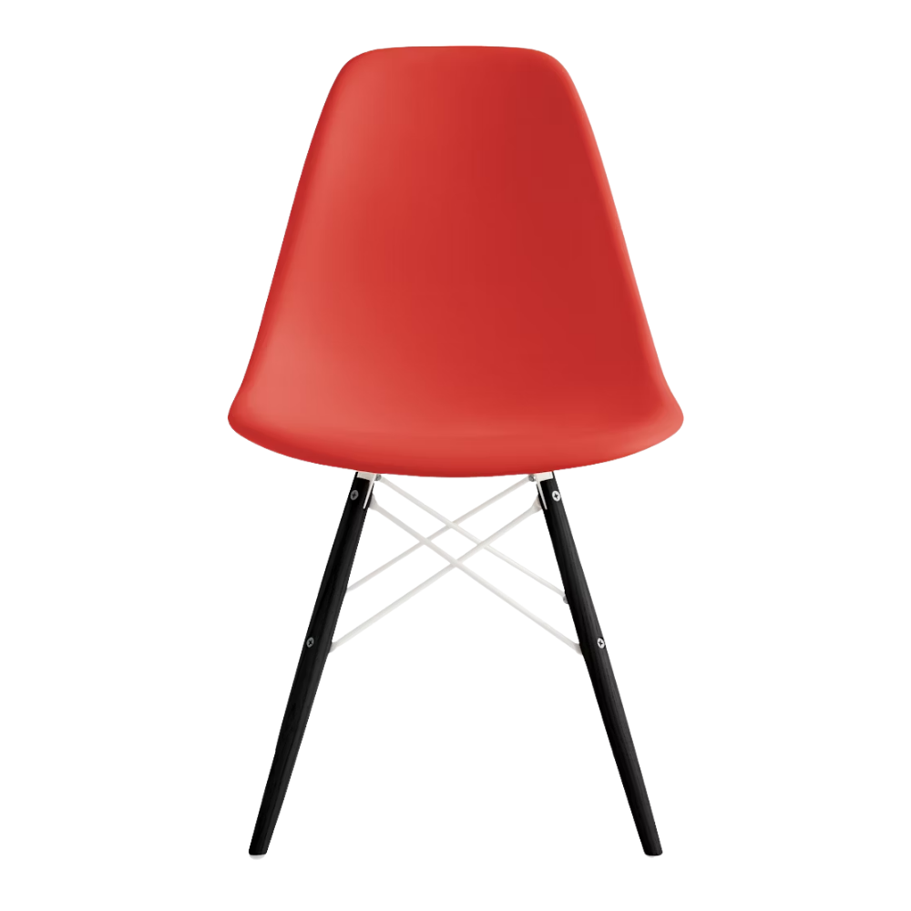 The red orange shell Eames Molded Plastic Side Chair Dowel-Leg Base from Herman Miller with the white base and ebony legs.