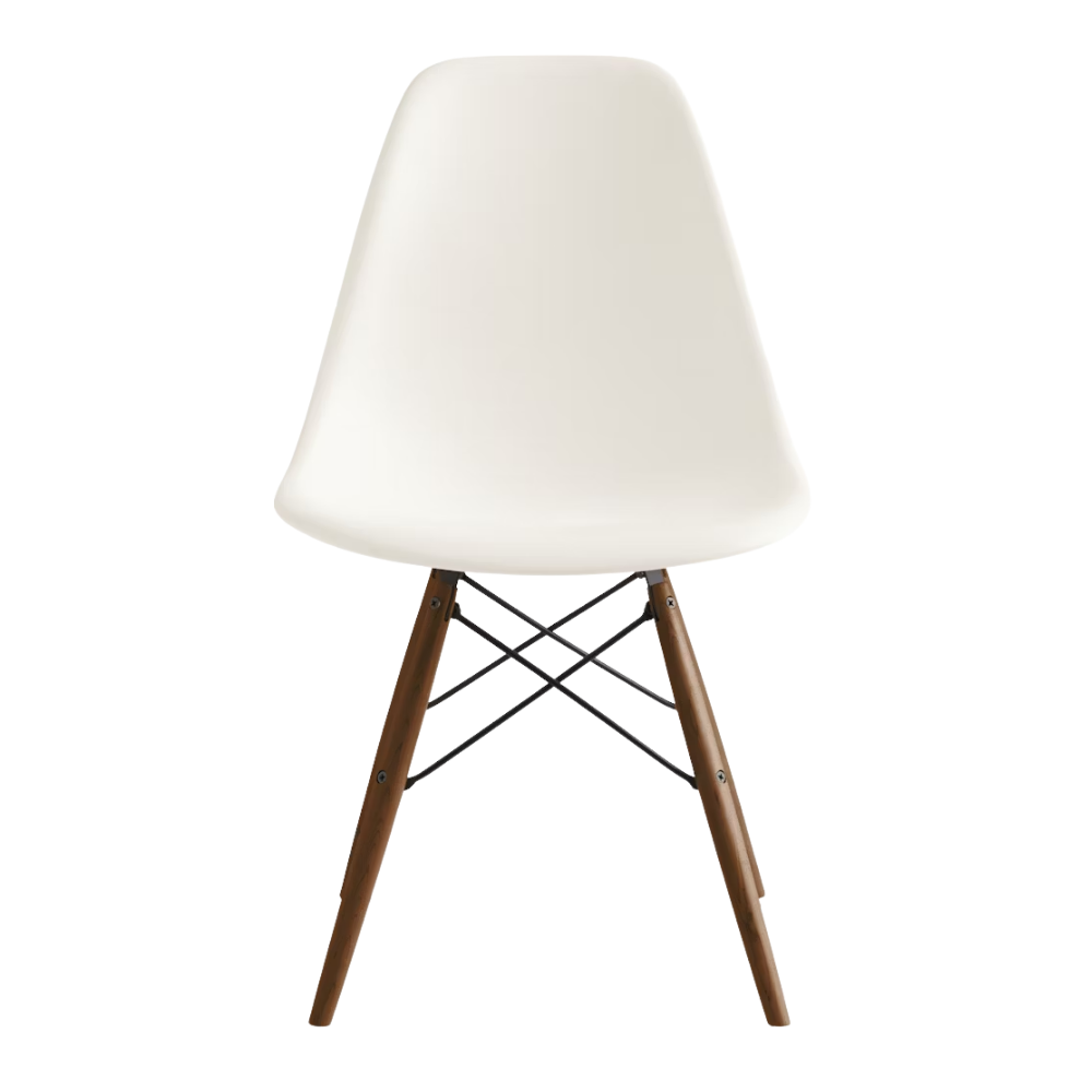 The white shell Eames Molded Plastic Side Chair Dowel-Leg Base from Herman Miller with the black base and walnut legs.